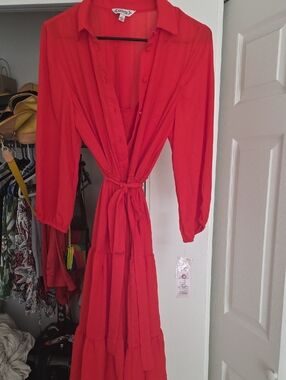 Nanette Lepore Red Long Sleeve Maxi Dress with Tie Waist
